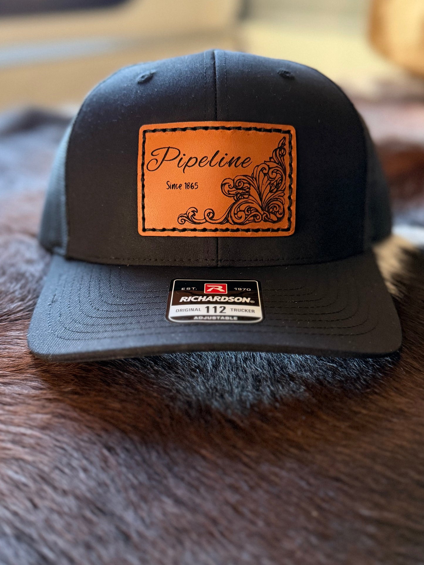 Pipeline Leather Engraved Hat - Black/Tan