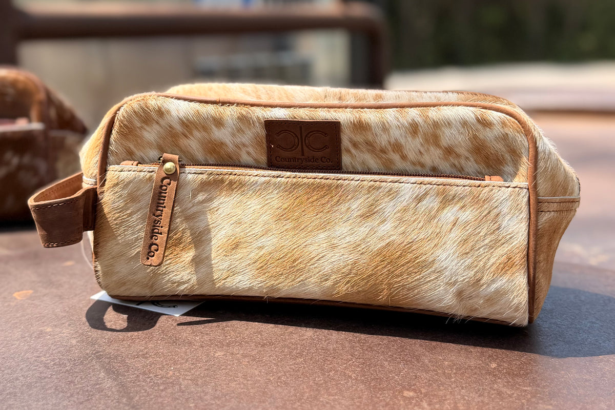Branded Cowhide Toiletry Bag- Light Brown