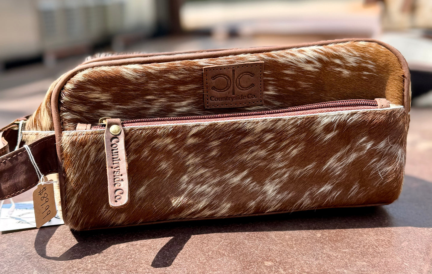 Branded Cowhide Toiletry Bag- Brown