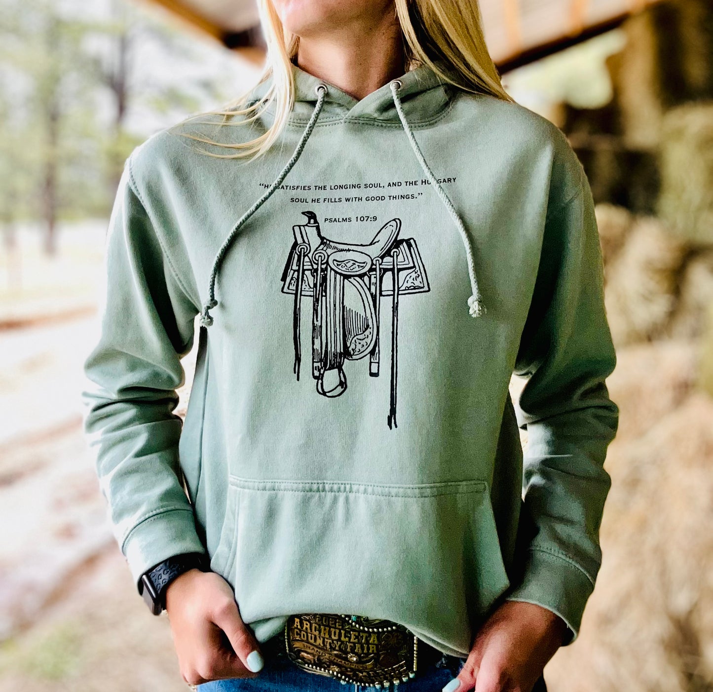 Psalms 107:9 Saddle Hoodie - Dusty Green