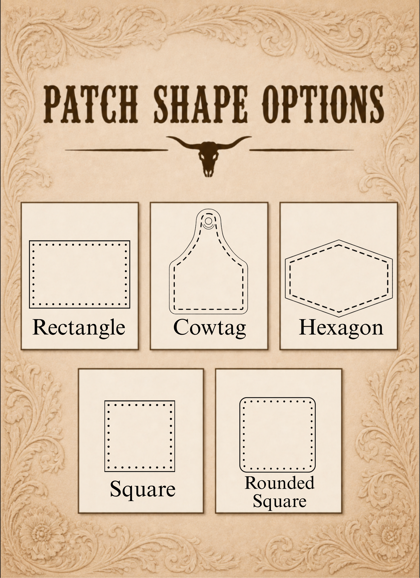 A decorative informational graphic titled 'PATCH SHAPE OPTIONS' on a tan parchment-style background with ornate corner flourishes. It shows five labeled patch shape options: Rectangle, Cowtag, Hexagon, Square, and Rounded Square, each illustrated with a simple outline drawing.