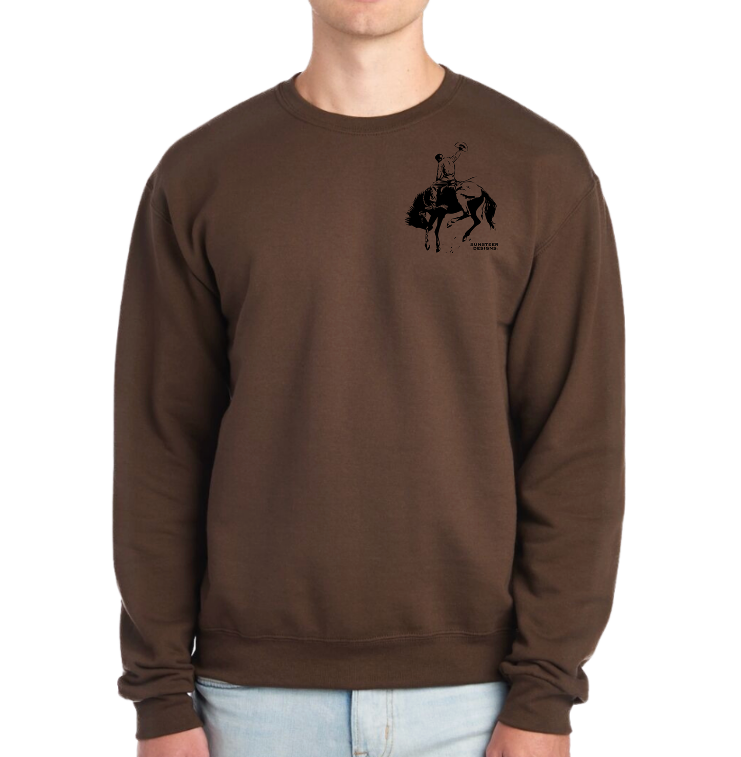 Brown sweatshirt with a graphic design on the chest worn by a person.