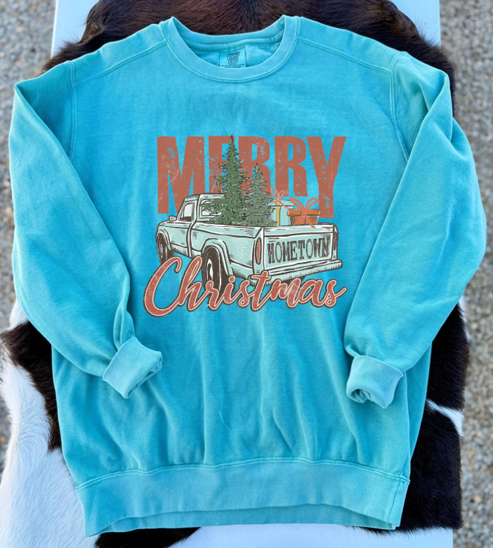 Light blue sweatshirt with Christmas design featuring a truck and tree on a neutral background