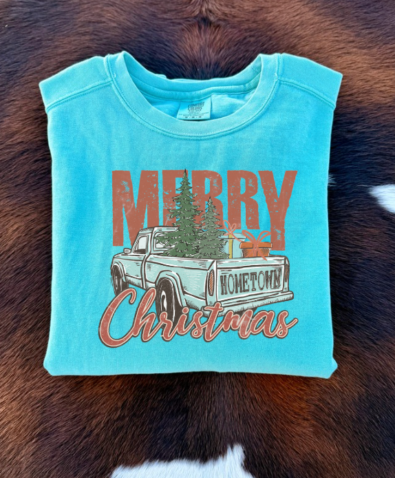 Light blue sweatshirt with Christmas design on a brown cowhide background