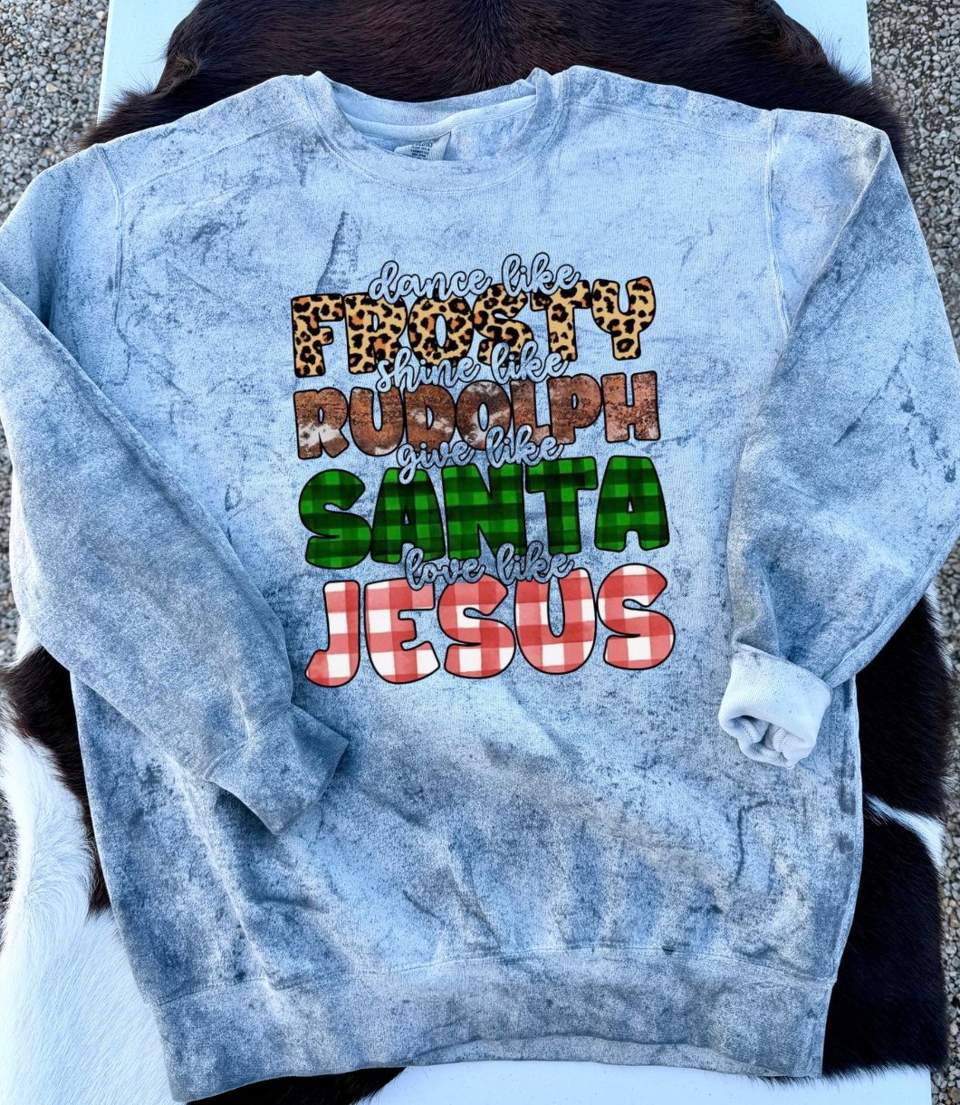 Gray marbled sweatshirt with colorful text design on "Frosty, Rudolph, Santa, Jesus"
