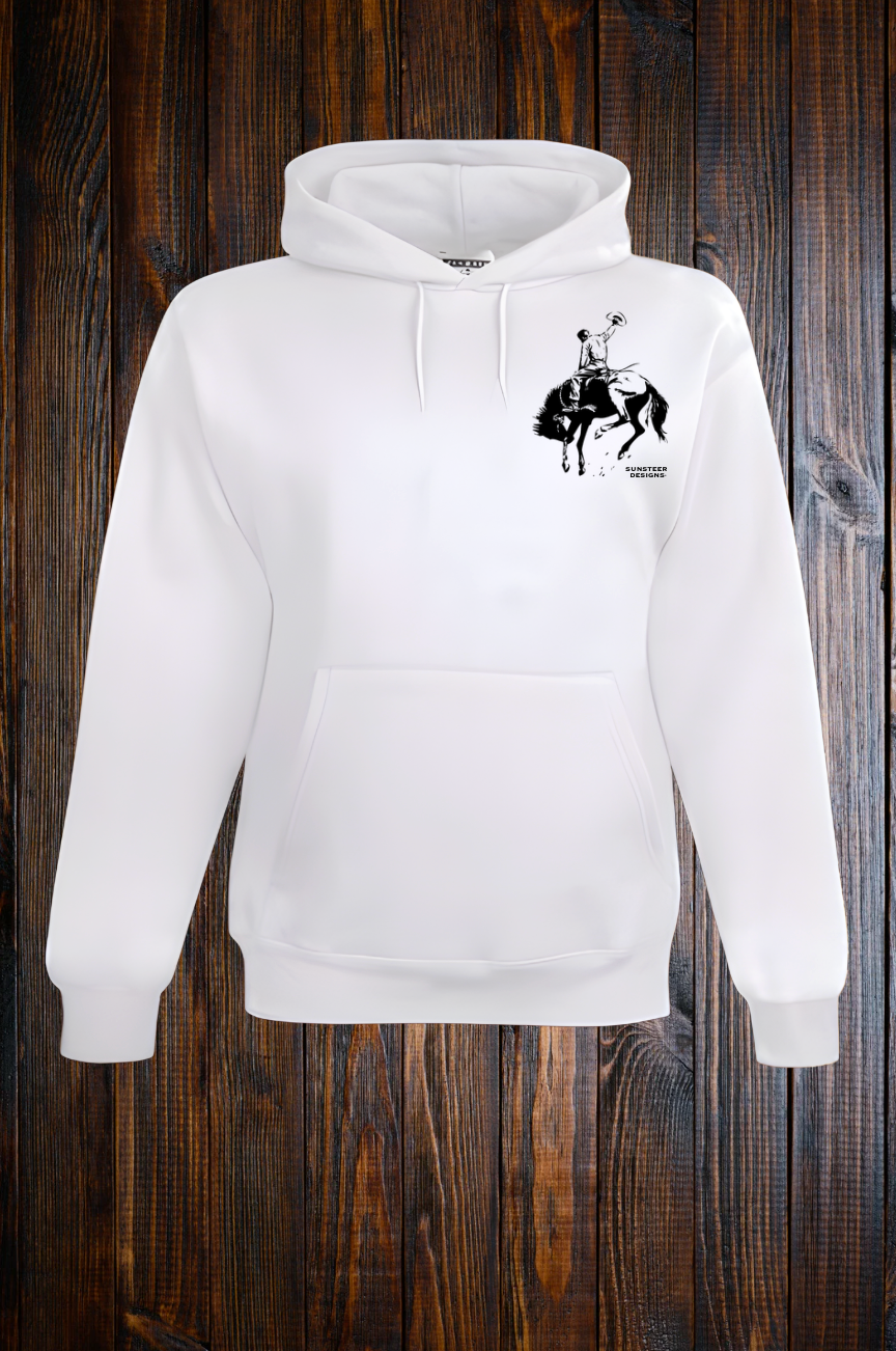 White hoodie with a graphic of a black outline of a bucking bronc and rider on a wooden background