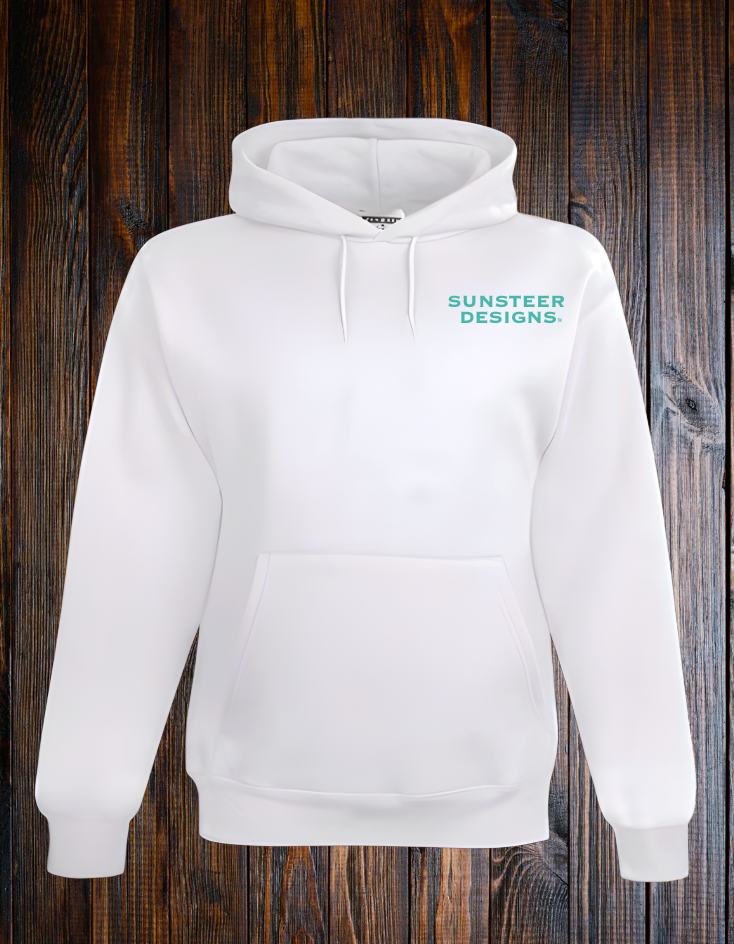 White hoodie with turquoise 'Sunsteer Designs' left chest logo on a wooden background