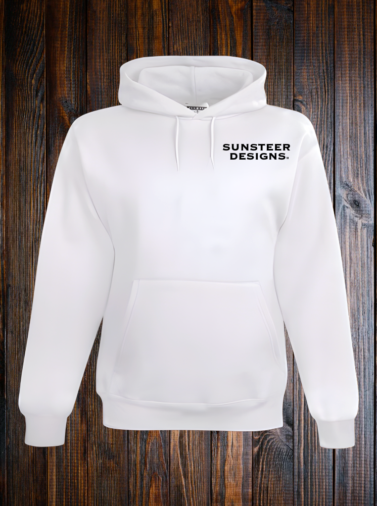 White hoodie with a left chest 'Sunsteer Designs' text on a wooden background