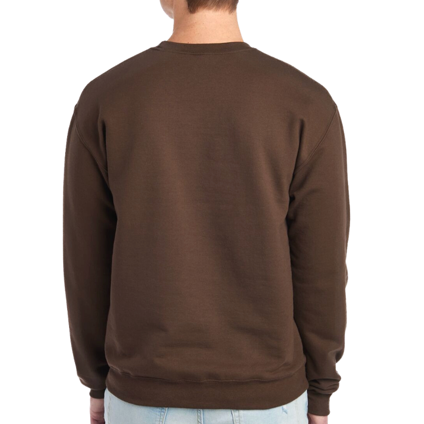 Brown sweatshirt worn by a person on a white background