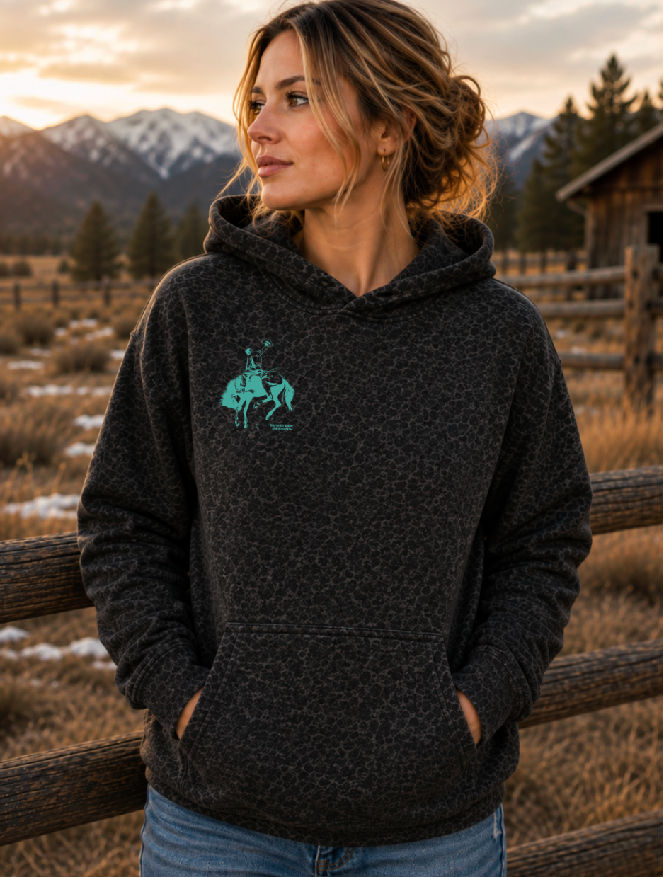 Aces Bronc Black Leopard Hoodie -Teal