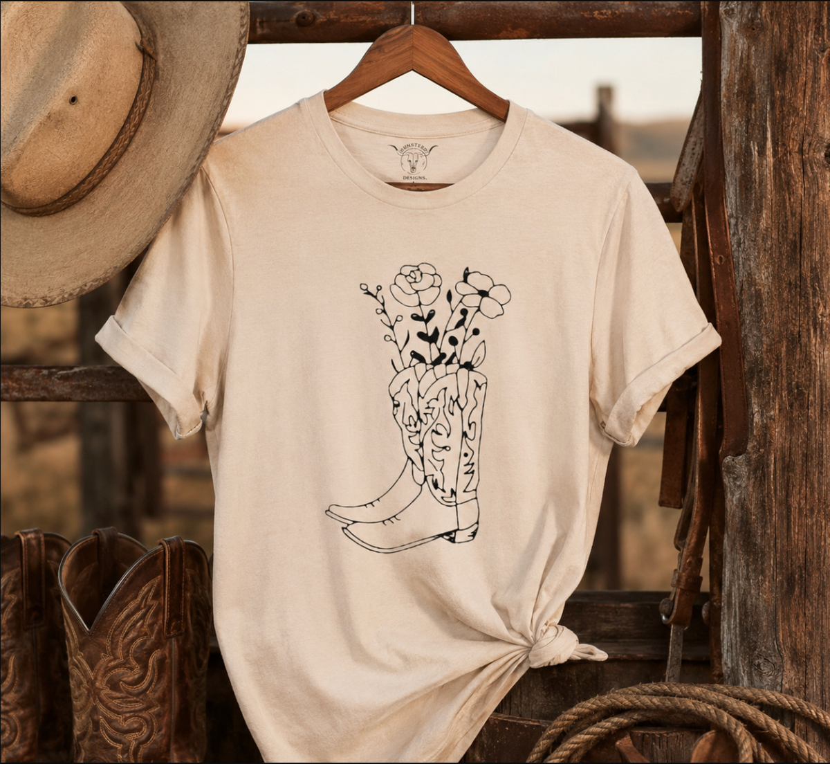 Boots & Flowers Soft Cream Tee
