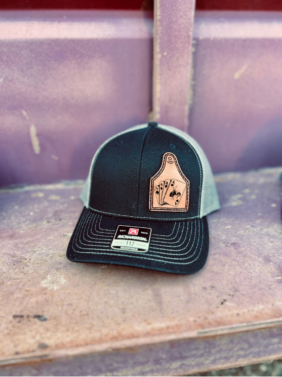 Aces Bronc Leather Engraved Cowtag Hat - Black/Grey