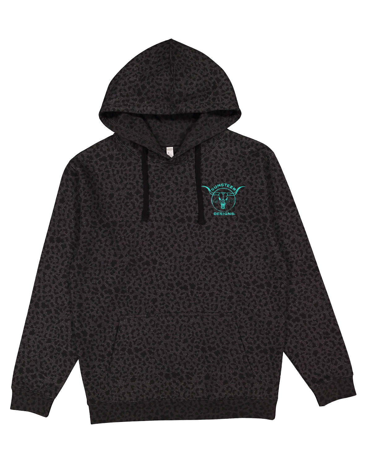 Black leopard print hoodie with a logo on the chest against a white background