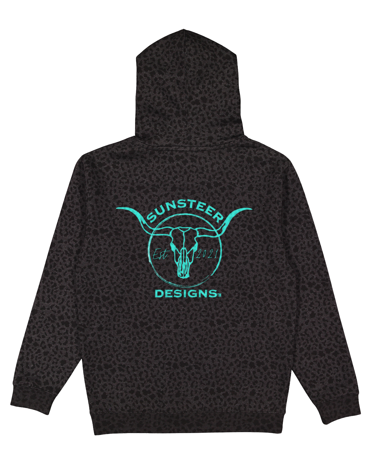 Black patterned hoodie with teal 'Sunsteer Designs' logo on the back against a white background