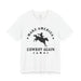 White t-shirt with black graphic and text 'Make America Cowboy Again' on a white background