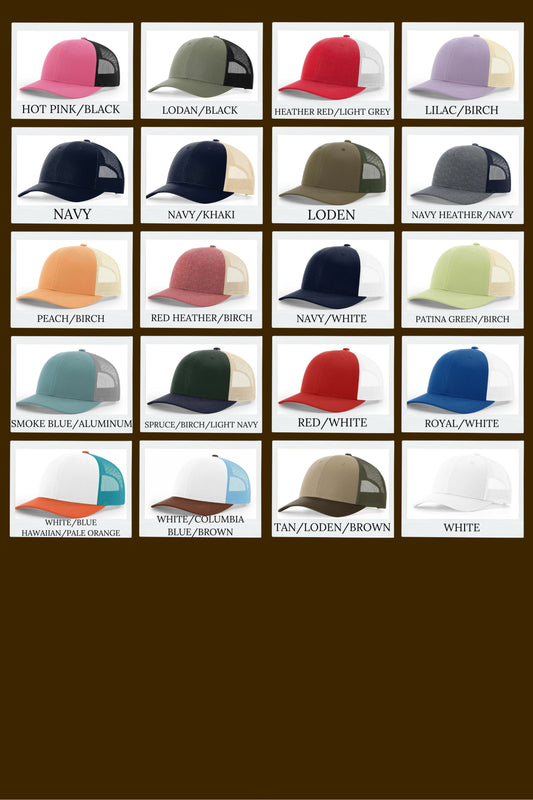 A grid of 20 trucker hat color options, each labeled with its name (such as Navy, Red/White, White, etc.) against a white background, set within a dark brown border.