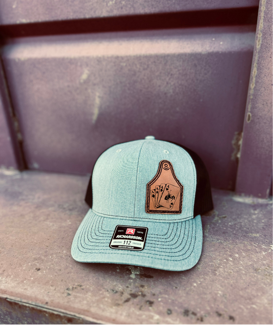 Aces Bronc Leather Engraved Cowtag Hat - Grey/Black
