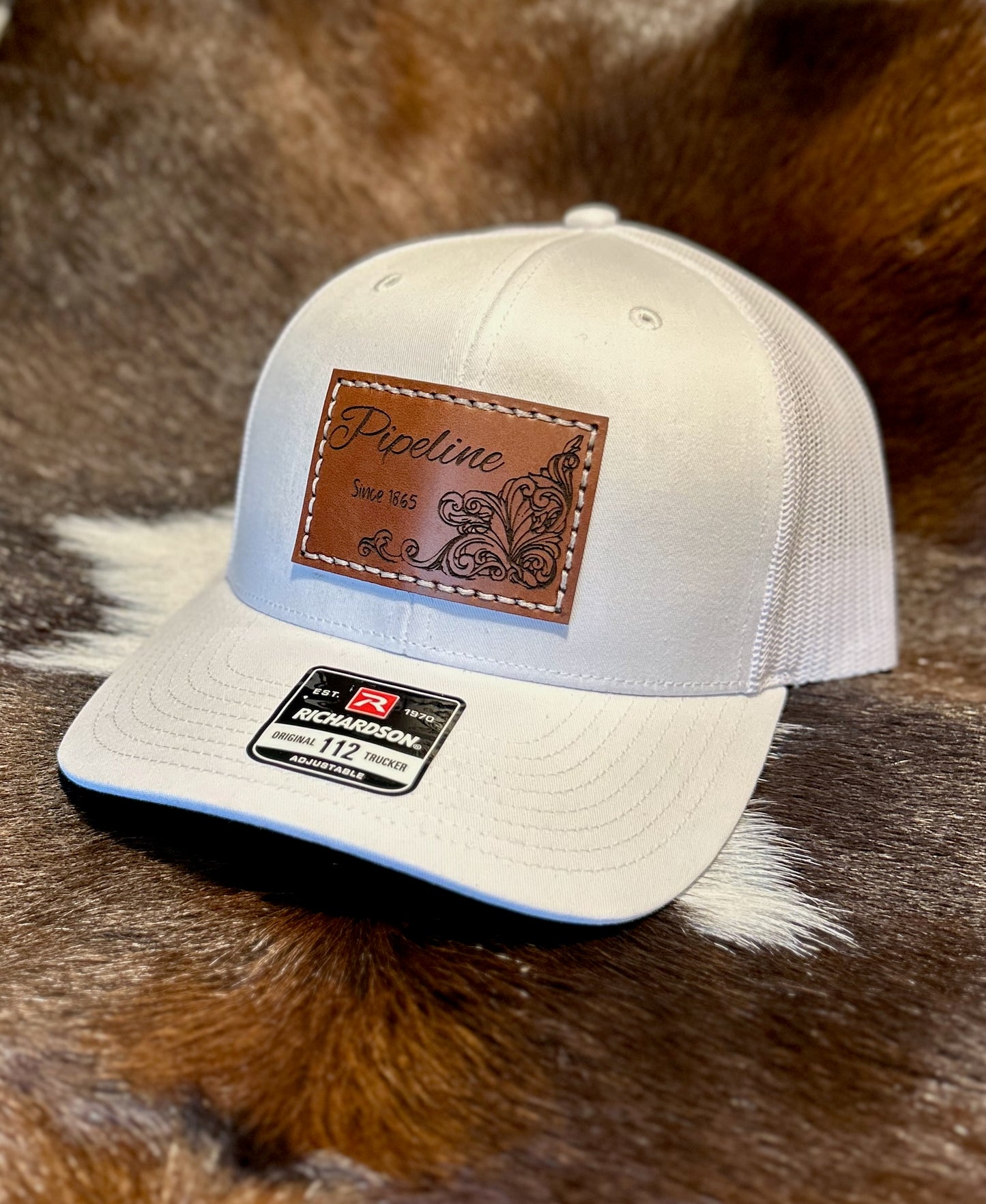 Pipeline Leather Engraved Hat - White