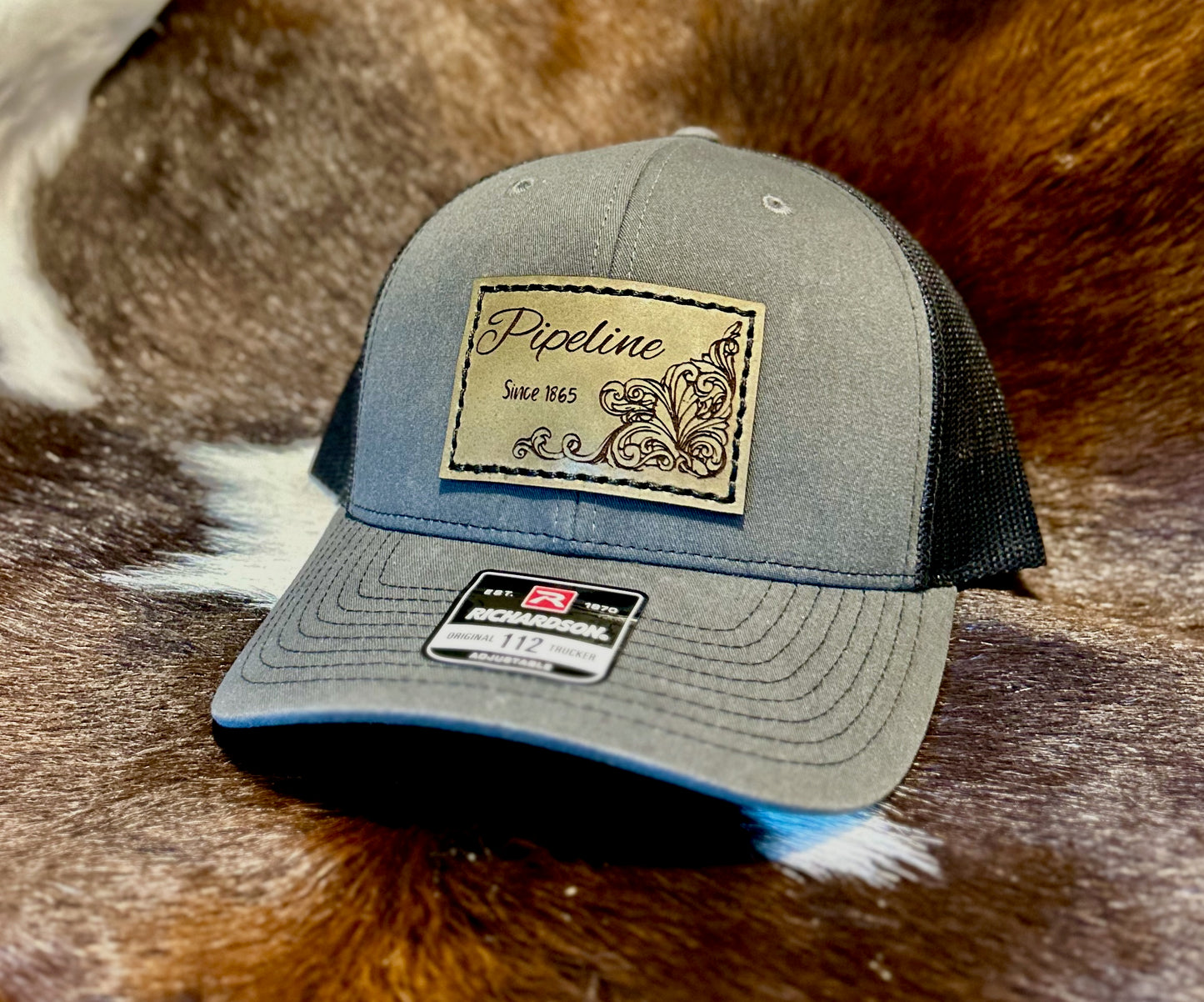 Pipeline Leather Engraved Hat - Grey/Black