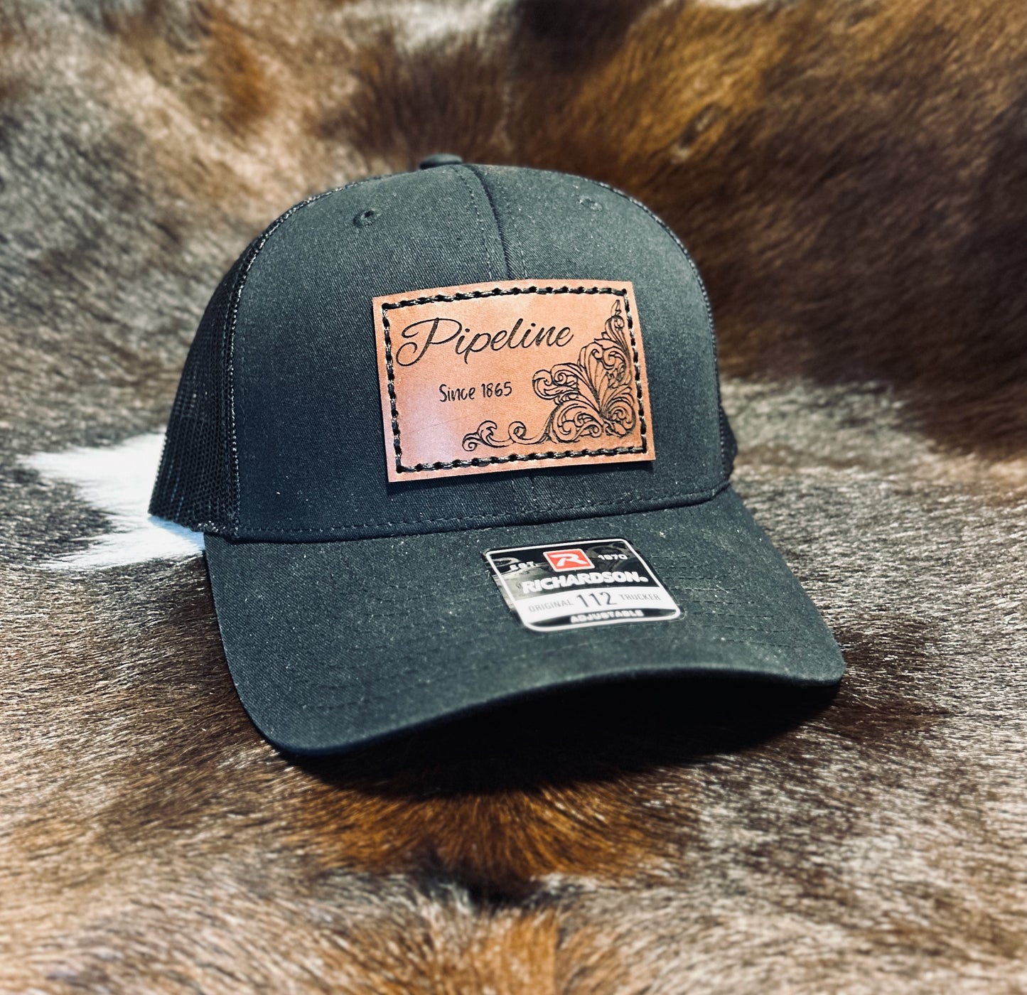 Pipeline Leather Engraved Hat - Black
