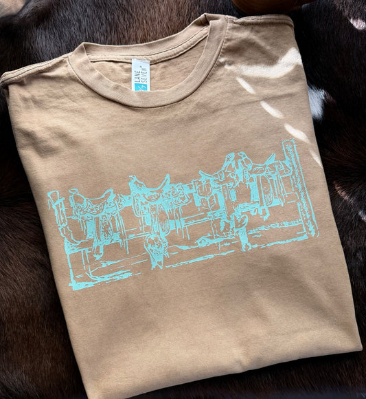 Teal Saddles On A Fence Tee - Carmel