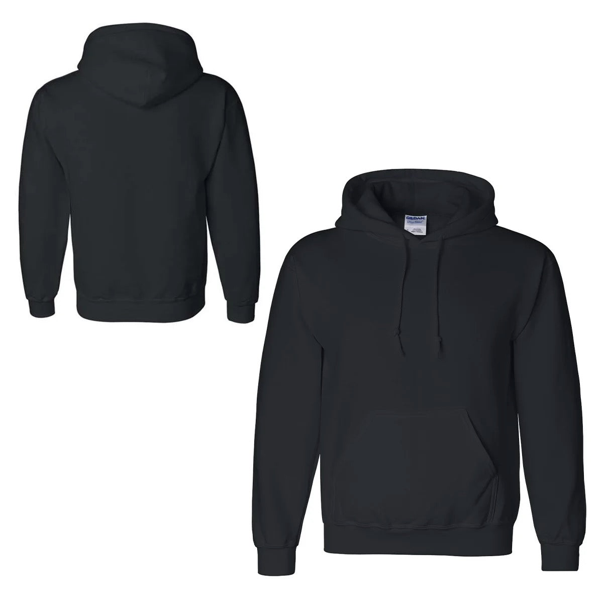Black hoodie shown from front and back on a white background