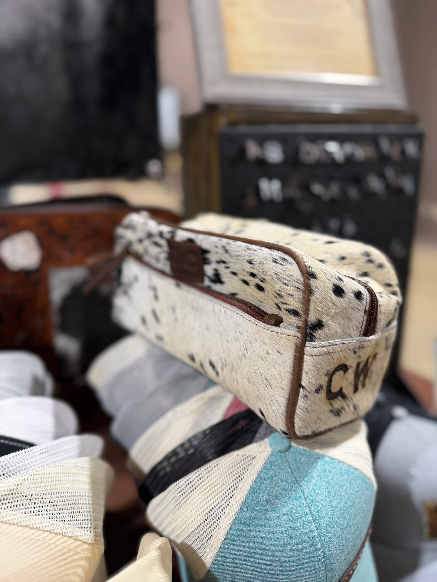 Branded Cowhide Toiletry Bag- White/Black Speckled