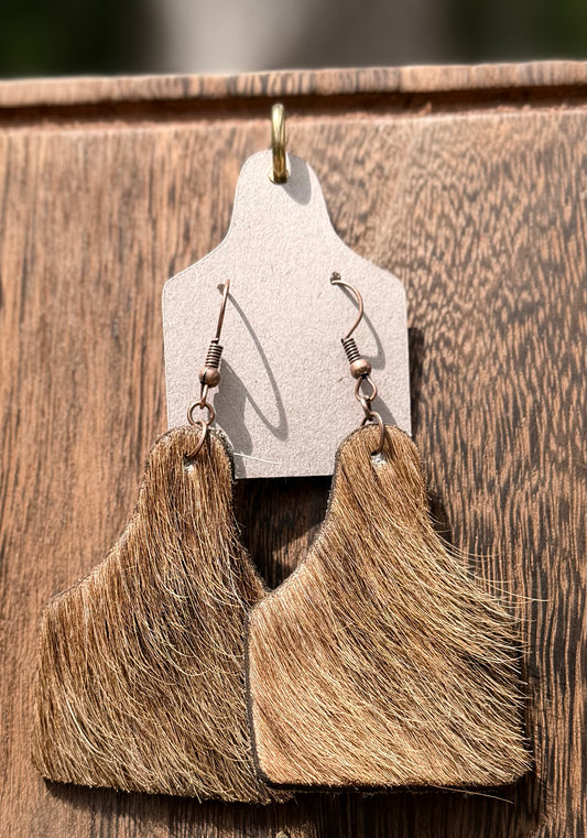 Cowhide Cowtag Earrings - Light Brown