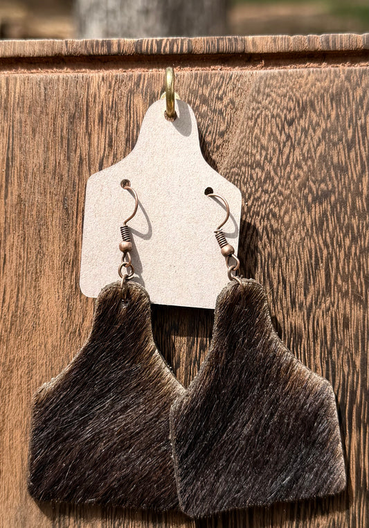 Cowhide Cowtag Earrings - Brown