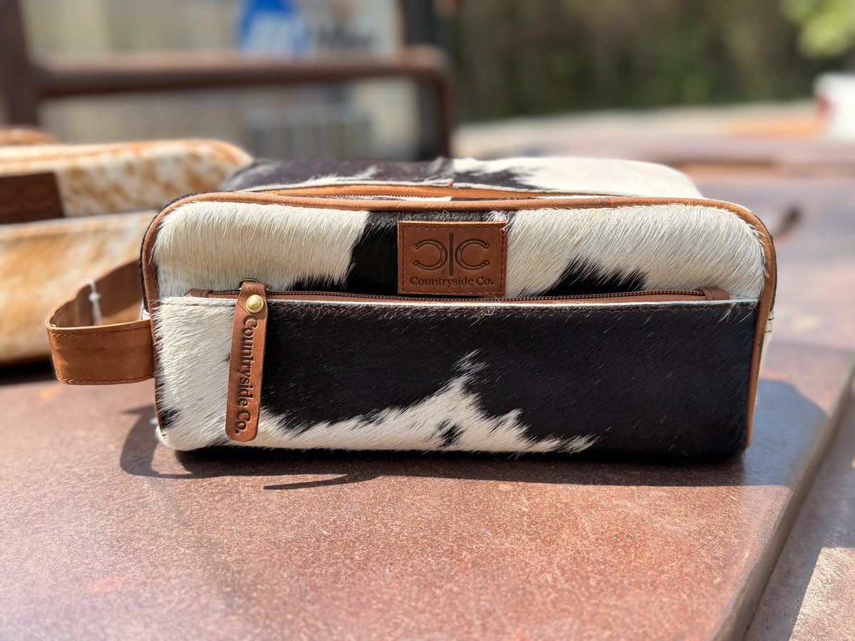Branded Cowhide Toiletry Bag- Black & White