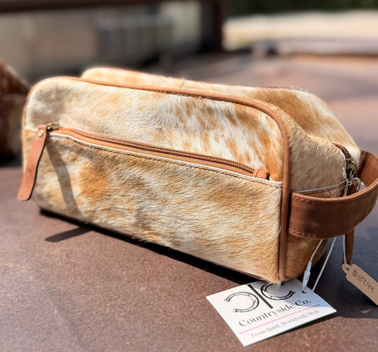 Branded Cowhide Toiletry Bag- Light Brown