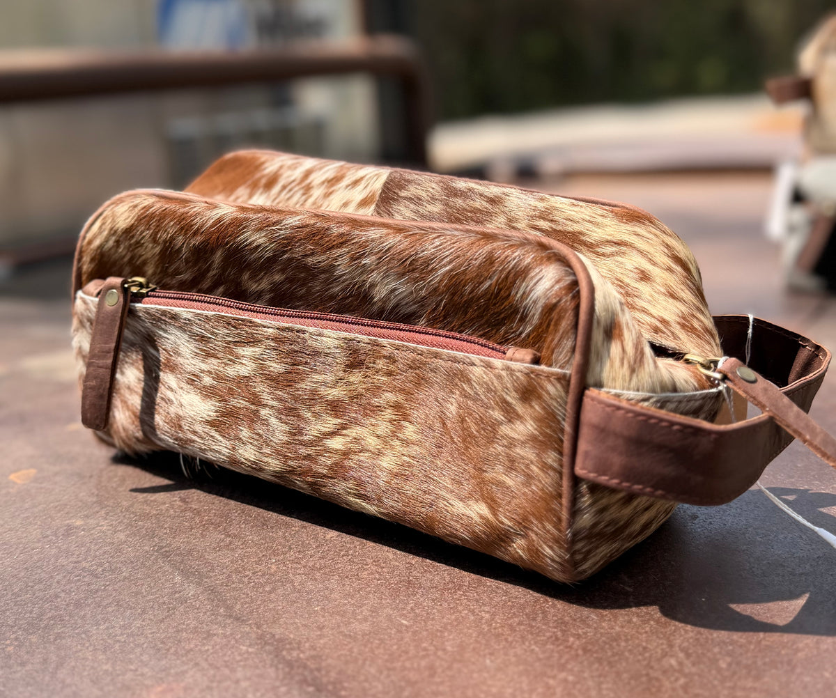 Branded Cowhide Toiletry Bag- Brown