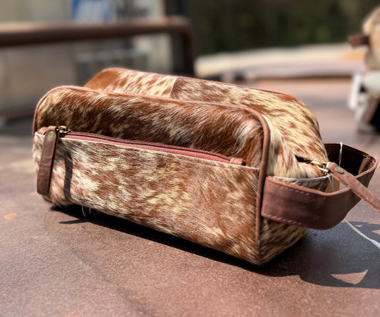 Branded Cowhide Toiletry Bag- Brown