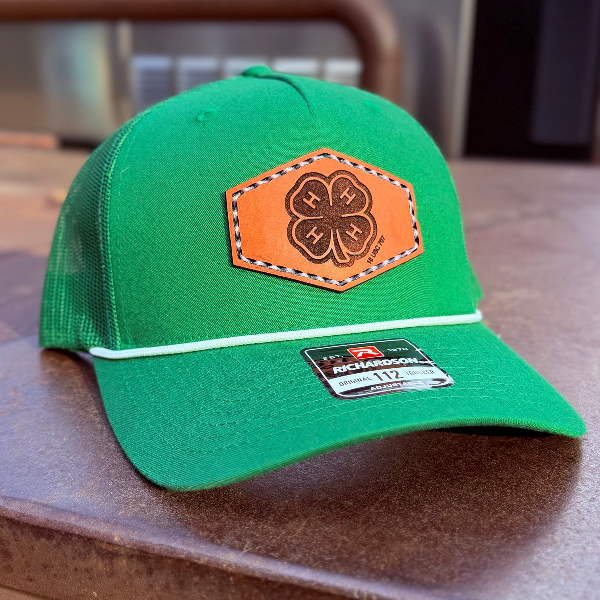 4-H Leather Engraved Hat  - Green/White Rope