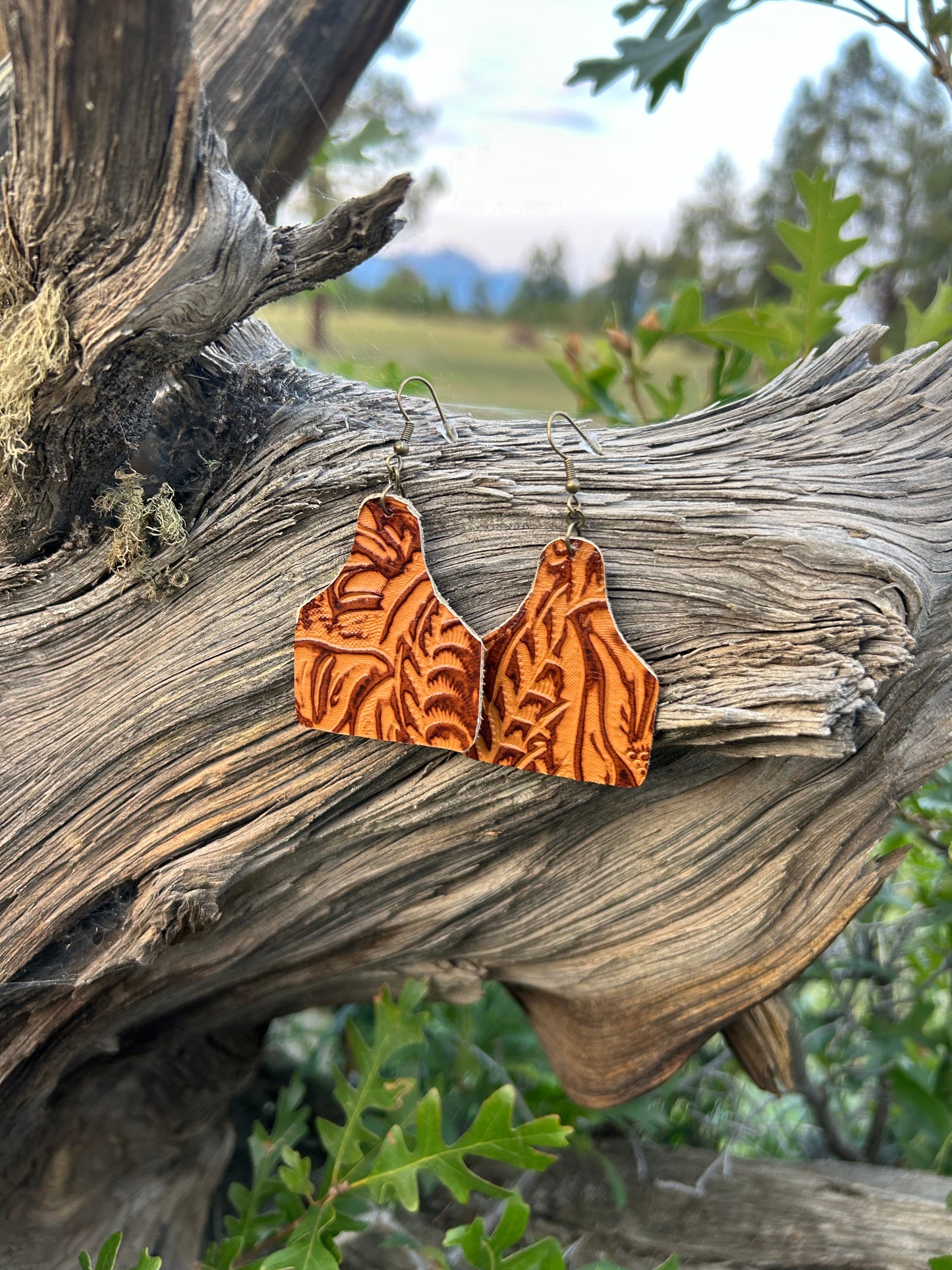 Tooled Leather Cowtag Earrings - Brown