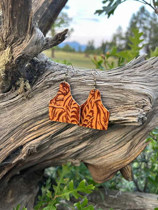 Tooled Leather Cowtag Earrings - Brown