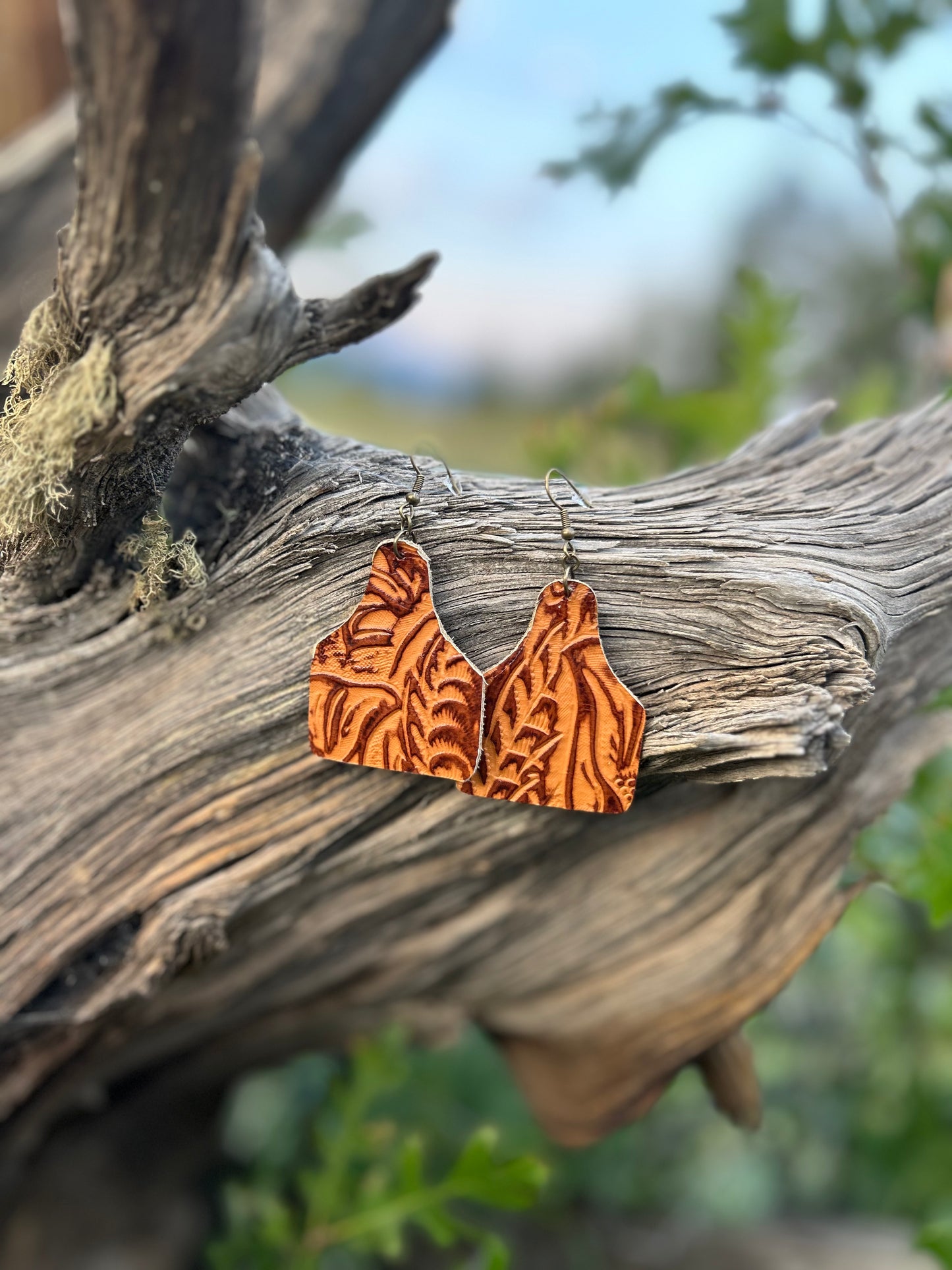Tooled Leather Cowtag Earrings - Brown