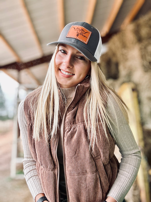 SSD Brand Leather Engraved Hat - Charcoal/White