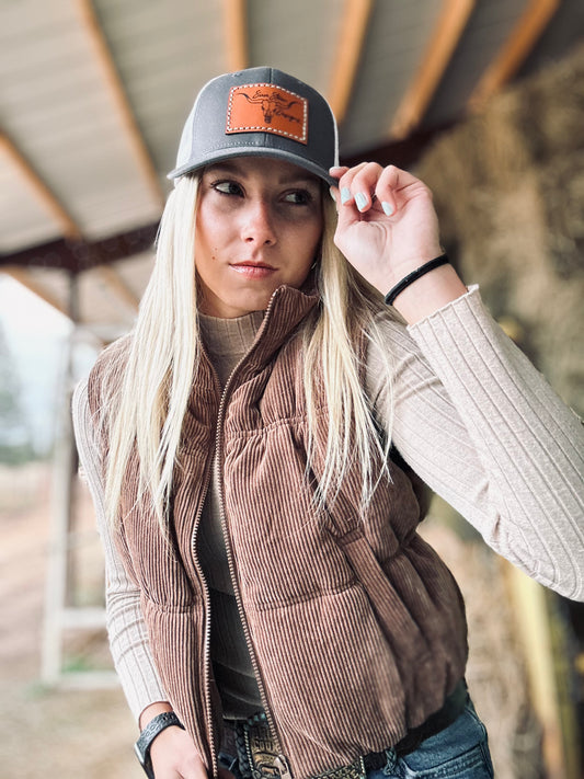SSD Brand Leather Engraved Hat - Charcoal/White