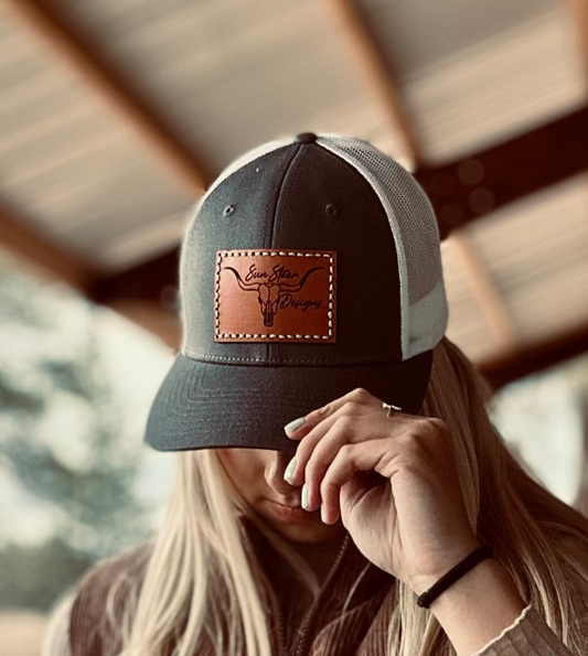 SSD Brand Leather Engraved Hat - Charcoal/White