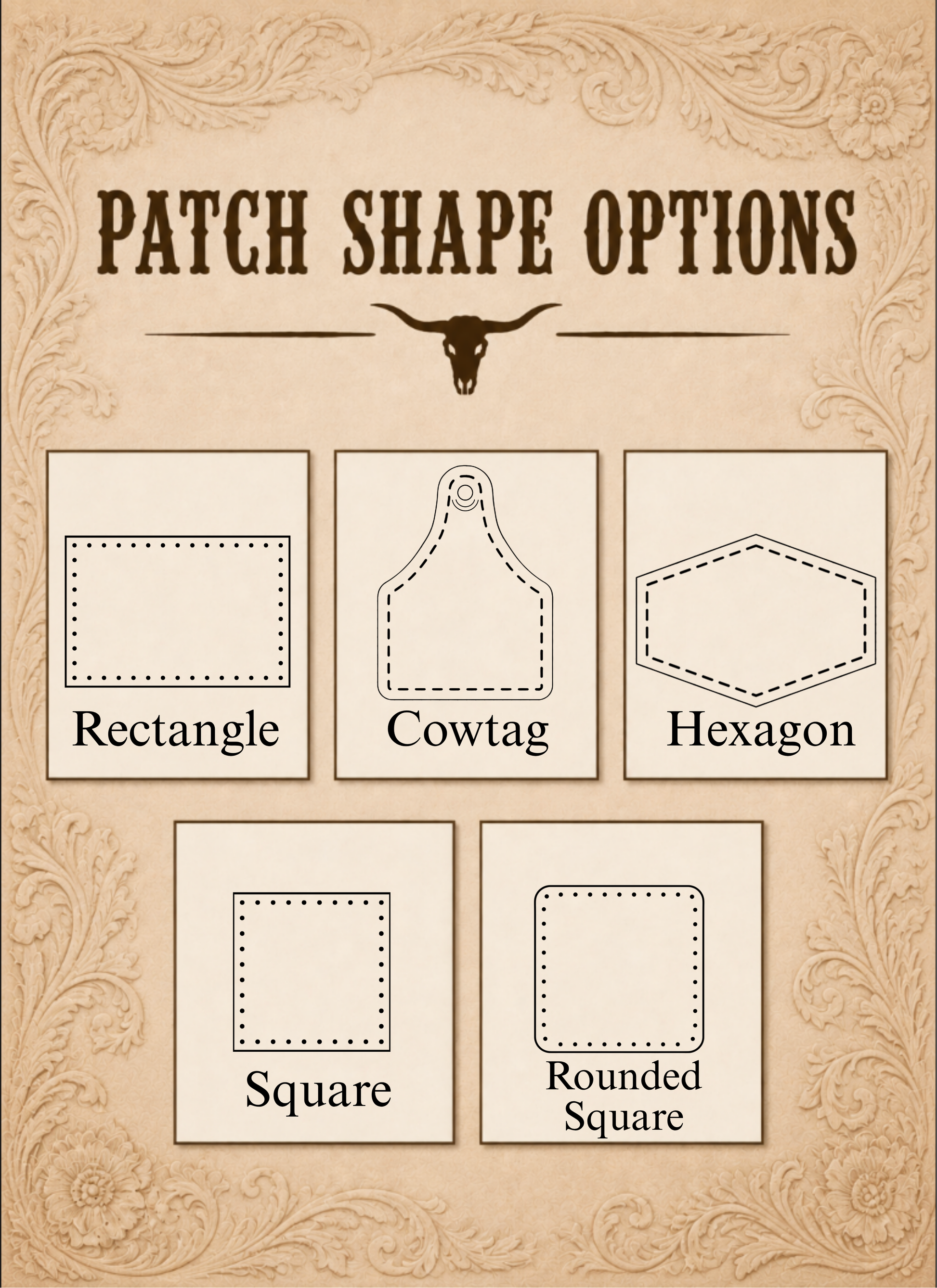 A decorative informational graphic titled 'PATCH SHAPE OPTIONS' on a tan parchment-style background with ornate corner flourishes. It shows five labeled patch shape options: Rectangle, Cowtag, Hexagon, Square, and Rounded Square, each illustrated with a simple outline drawing.