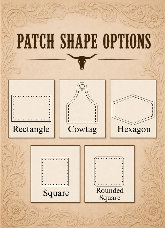 A decorative informational graphic titled 'PATCH SHAPE OPTIONS' on a tan parchment-style background with ornate corner flourishes. It shows five labeled patch shape options: Rectangle, Cowtag, Hexagon, Square, and Rounded Square, each illustrated with a simple outline drawing.