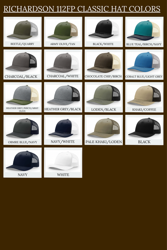 A color options chart for Richardson 112FP classic trucker hats, showing 24 different hat color combinations in a grid with text labels underneath each hat, set against a dark brown background.
