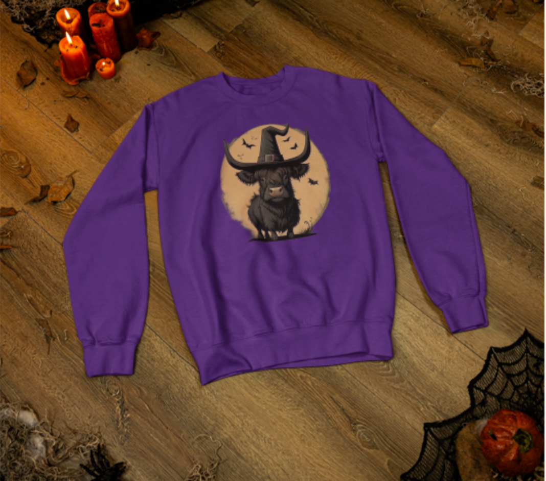 Spooky Highland Cow Crewneck Sweatshirt - Purple