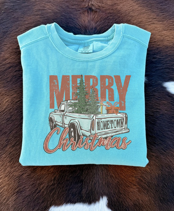 Merry Christmas Old Truck Crewneck Sweatshirt - Seafoam