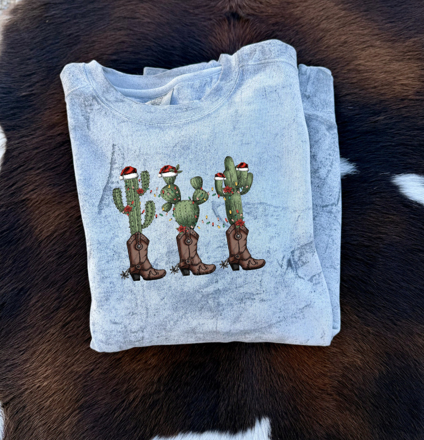 Christmas Cactus Boots Crewneck Sweatshirt - Smoke Grey