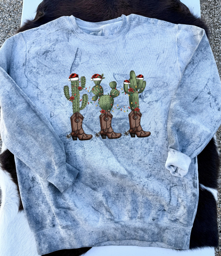 Christmas Cactus Boots Crewneck Sweatshirt - Smoke Grey