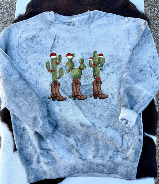 Christmas Cactus Boots Crewneck Sweatshirt - Smoke Grey