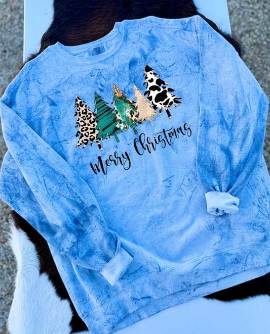 Merry Christmas Trees Crewneck Sweatshirt - Ocean Blue