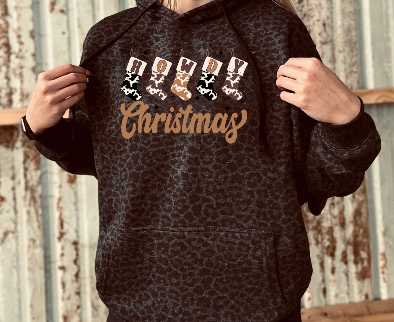 Howdy Christmas Stockings Black Leopard Hoodie